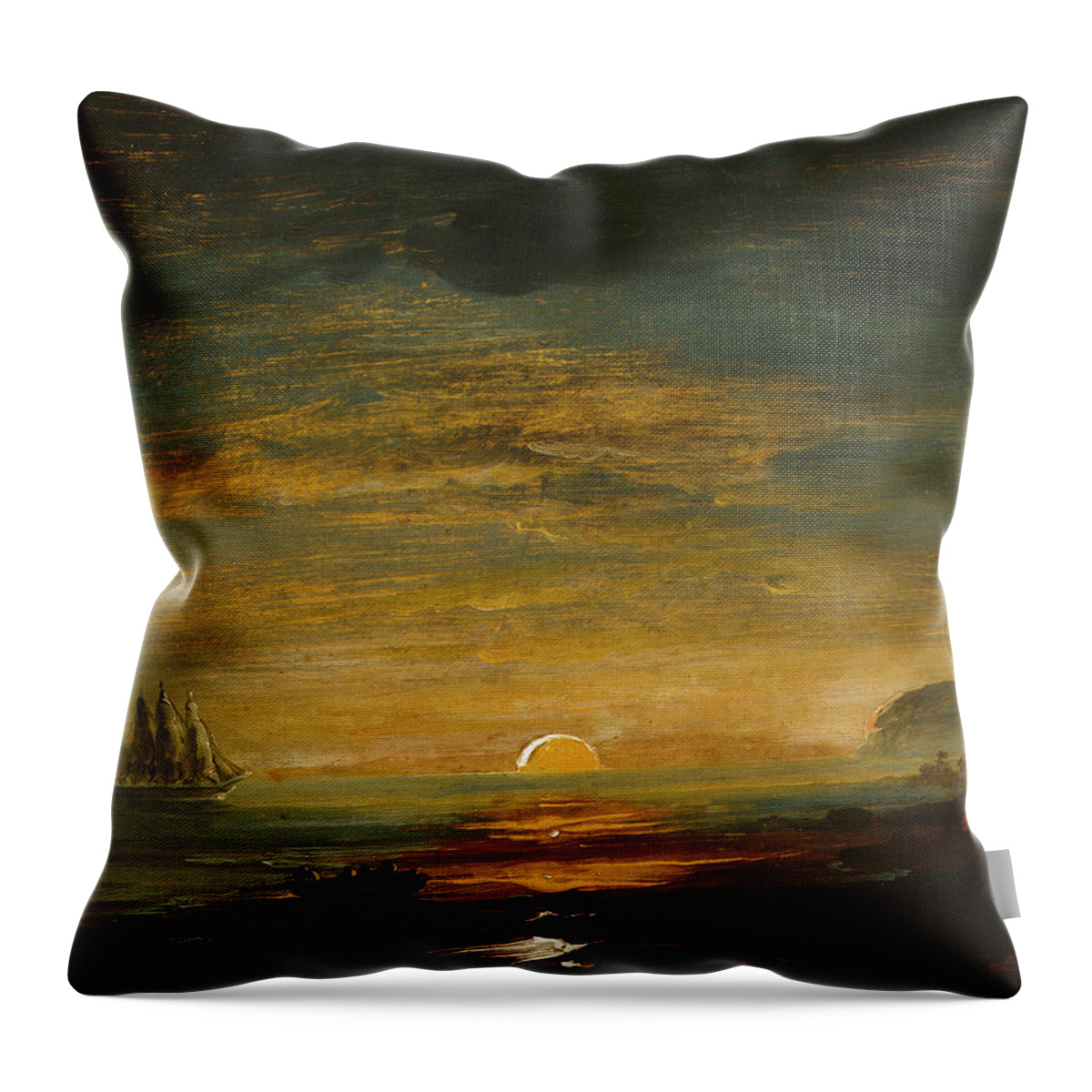 Peder Balke Throw Pillow featuring the painting Coast landscape with sunset by O Vaering by Peder Balke