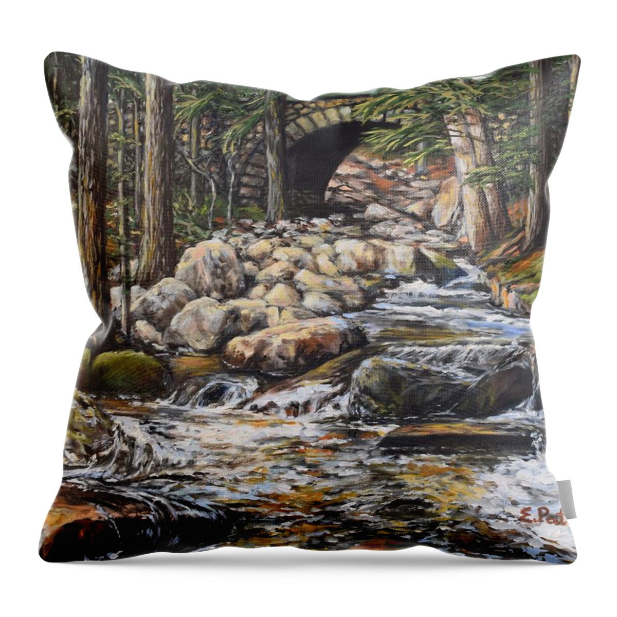 Maine Throw Pillow featuring the painting Cobblestone Bridge, Acadia National Park by Eileen Patten Oliver