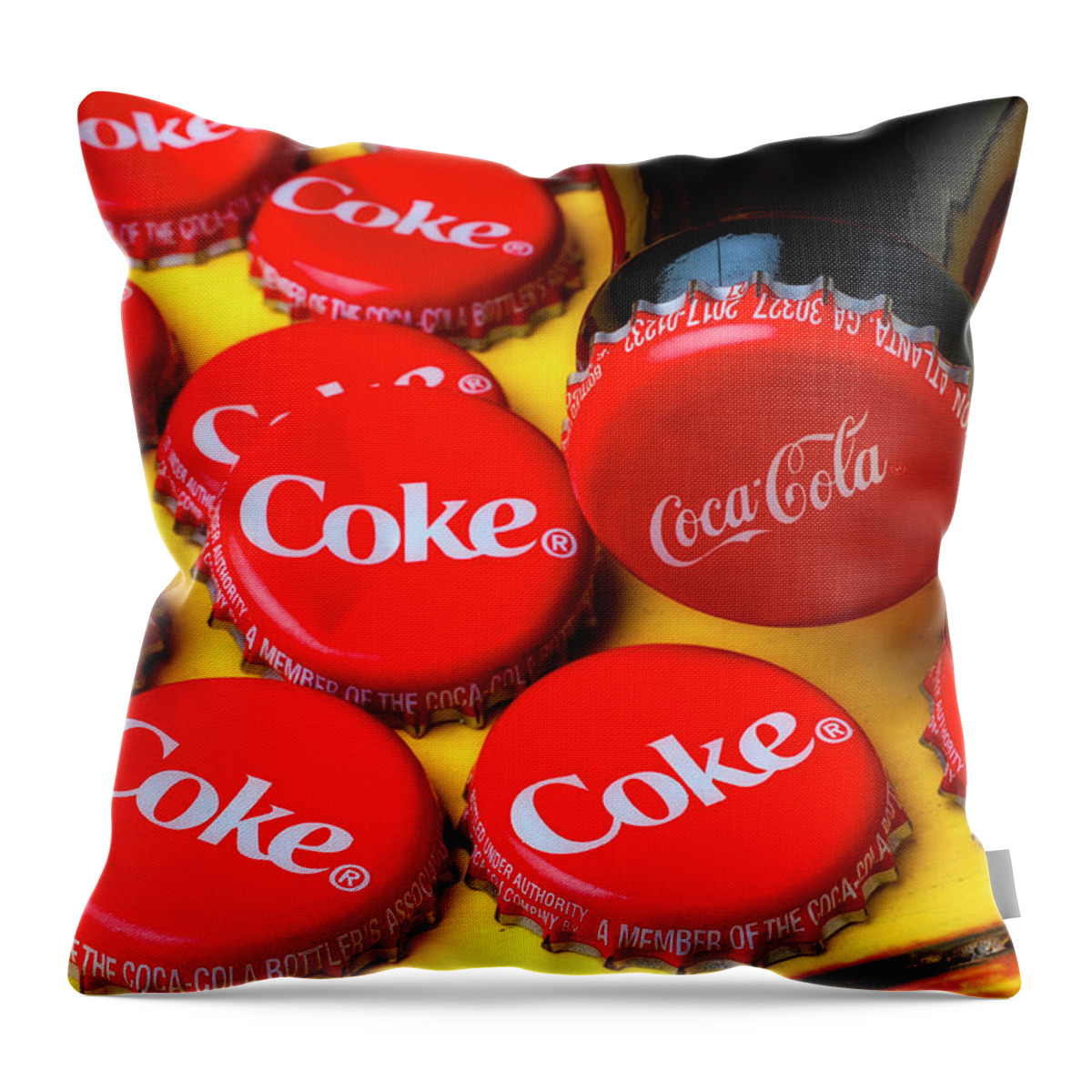 Coca Cola Throw Pillow featuring the photograph Coca Cola Bottle And Caps by Garry Gay