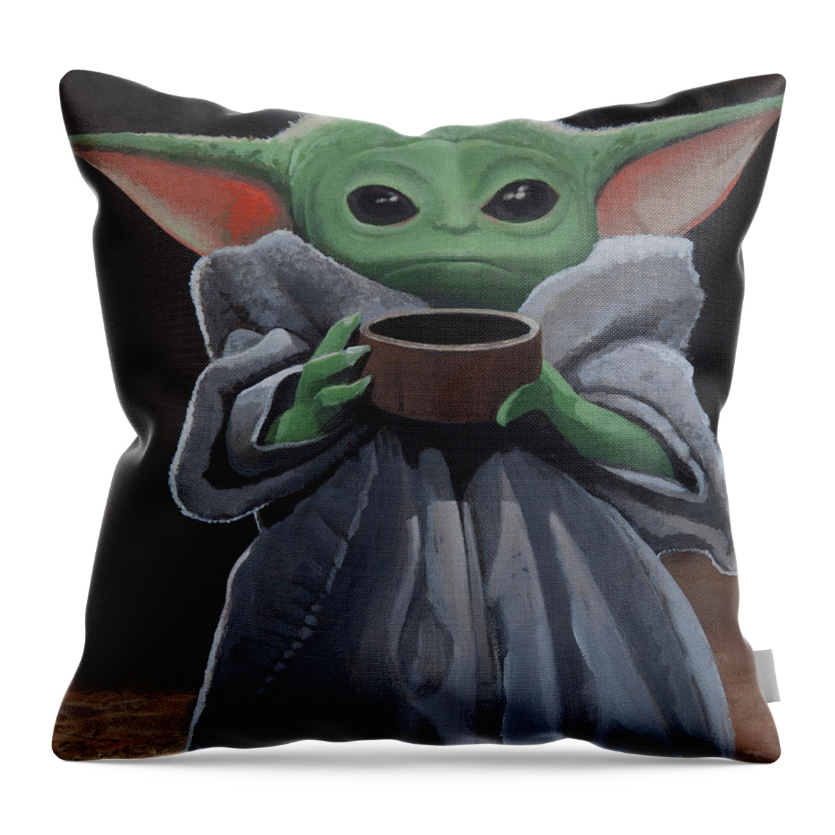 Baby Yoda Throw Pillow featuring the painting Morning Brew by Cliff Wassmann
