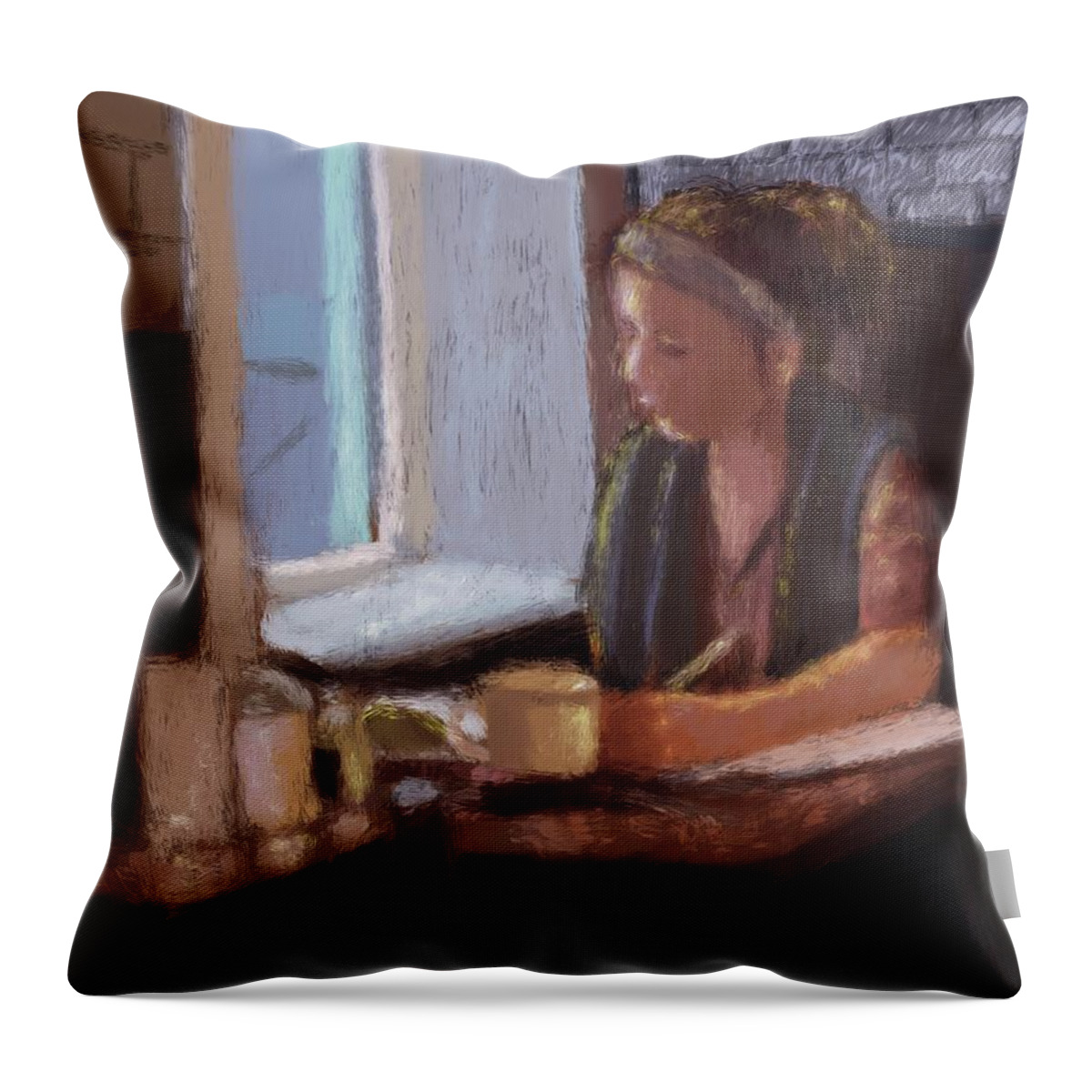 Coffeehouse Throw Pillow featuring the painting Grading Papers by Larry Whitler