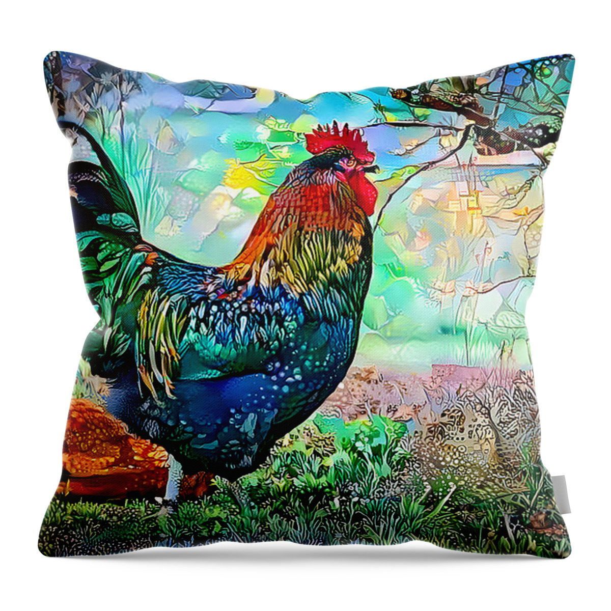 Rooster Throw Pillow featuring the mixed media Cogburn and the Mrs. by Debra Kewley