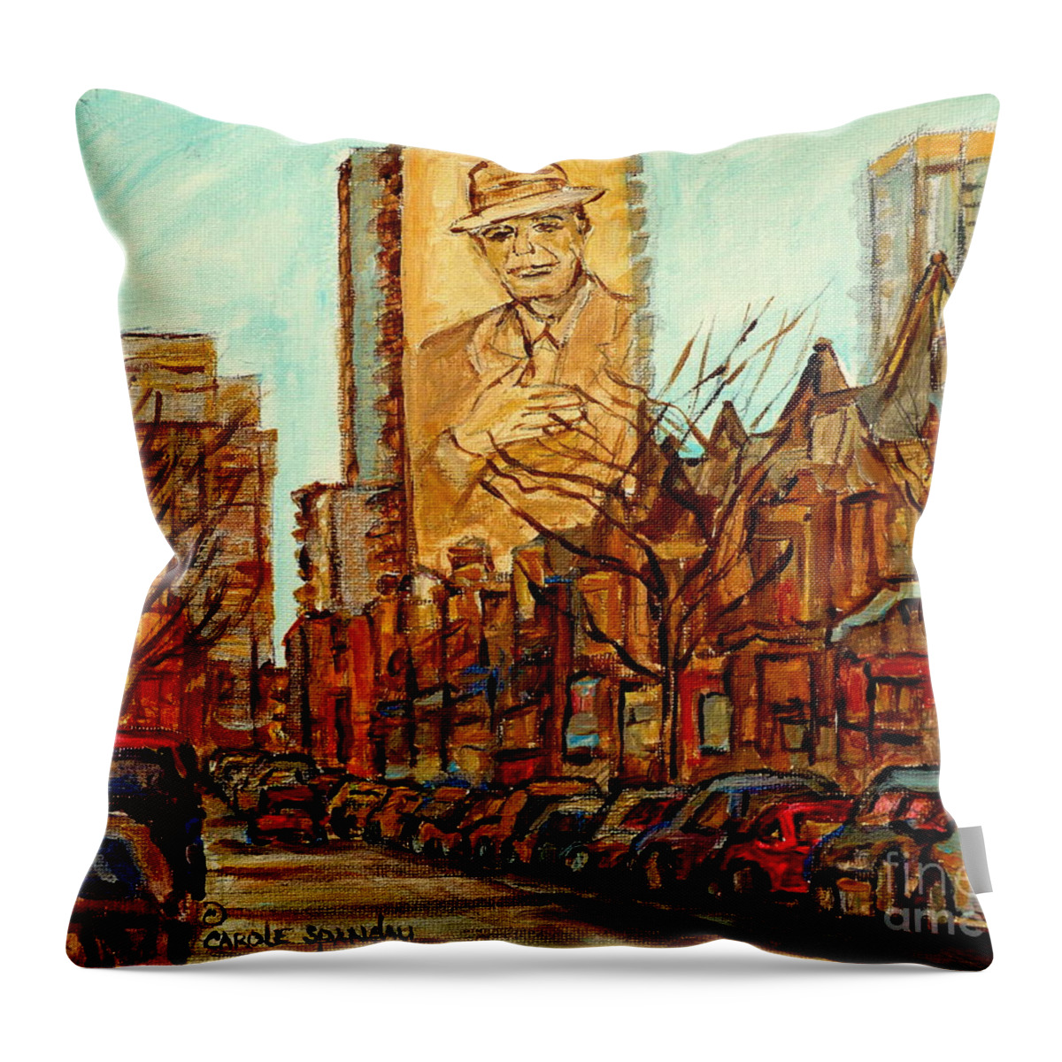 Montreal Throw Pillow featuring the painting Cohen Over Crescent St Downtown Montreal Streetscene Paintings Boutiques Bars And Cars C Spandau Art by Carole Spandau