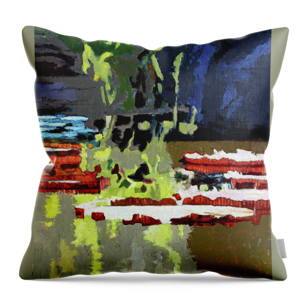 Garden Pond Throw Pillow featuring the painting Color Patterns on Lily Pond by John Lautermilch
