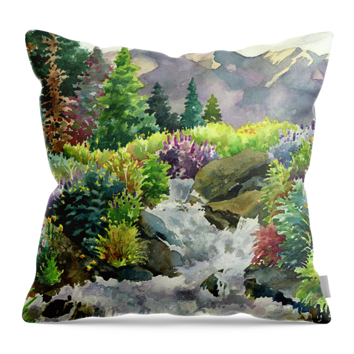  Colorado Art Paintings Throw Pillow featuring the painting Colorado Waterfall by Anne Gifford