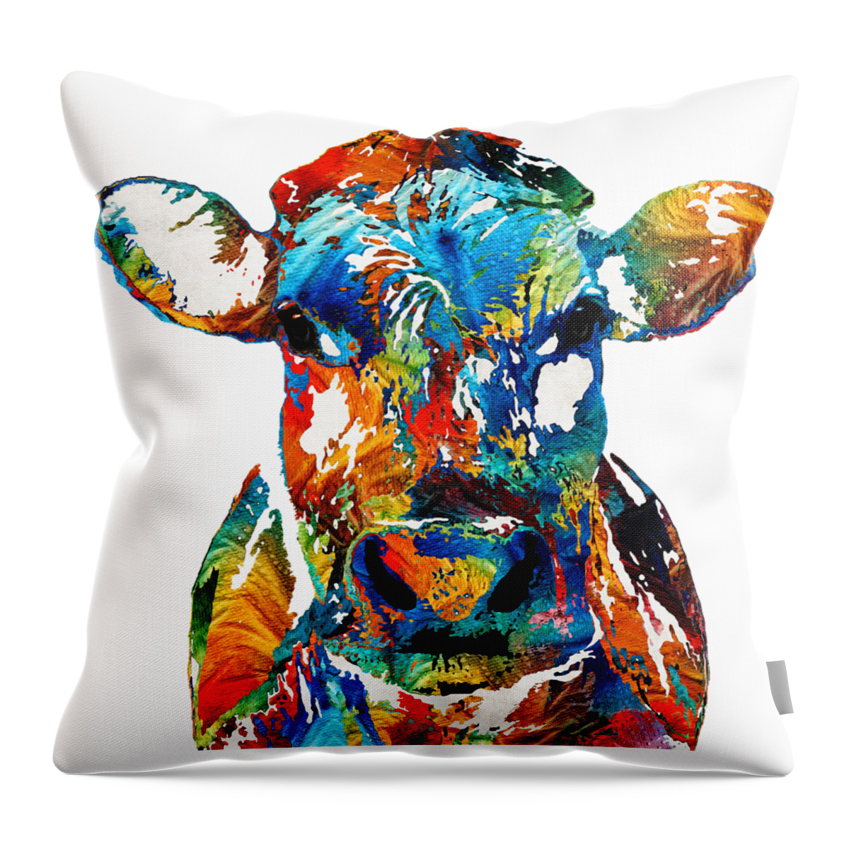 Bull Throw Pillow featuring the painting Colorful Cow Art - Mootown - By Sharon Cummings by Sharon Cummings