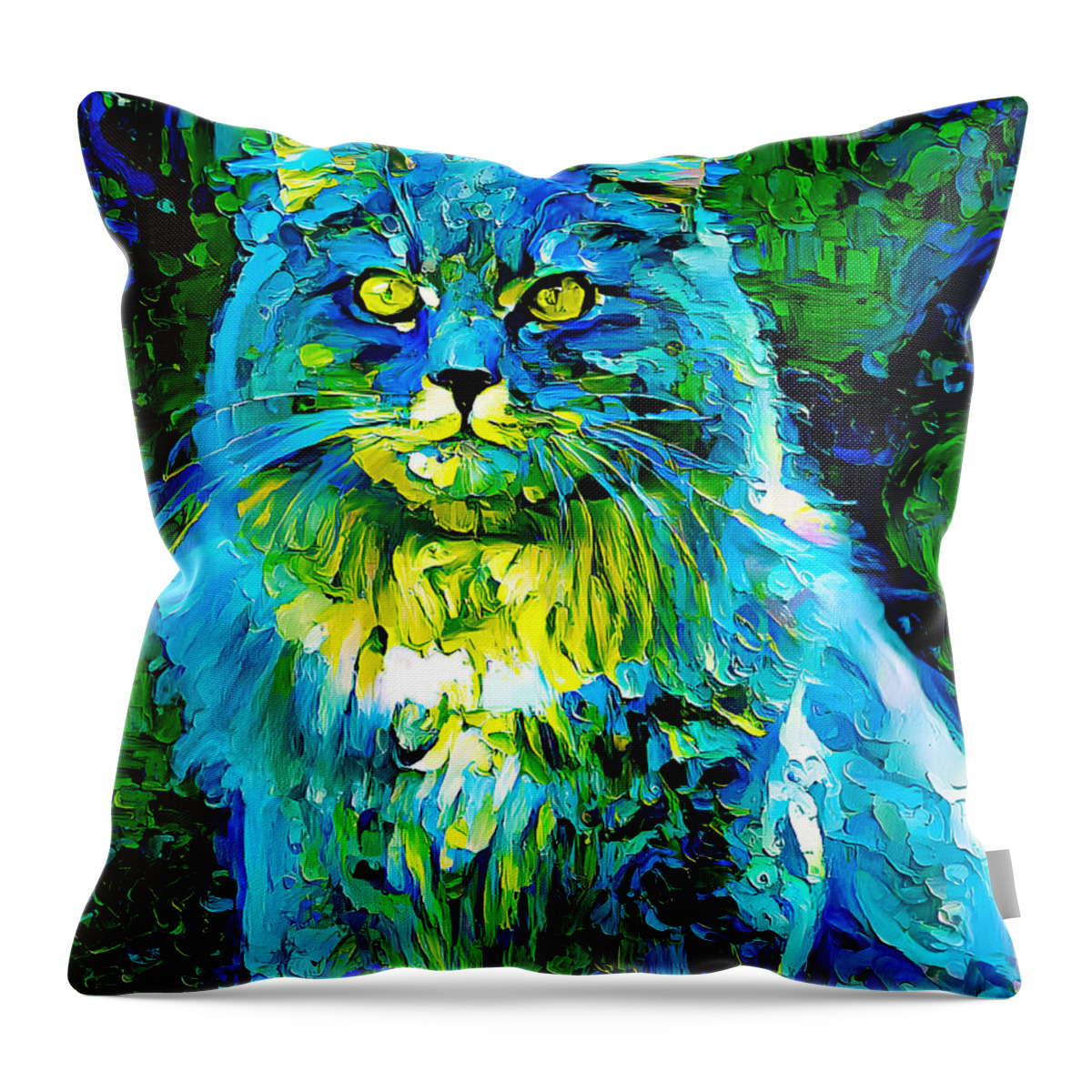Maine Coon Throw Pillow featuring the digital art Colorful Maine Coon cat sitting - green and blue palette knife oil texture by Nicko Prints