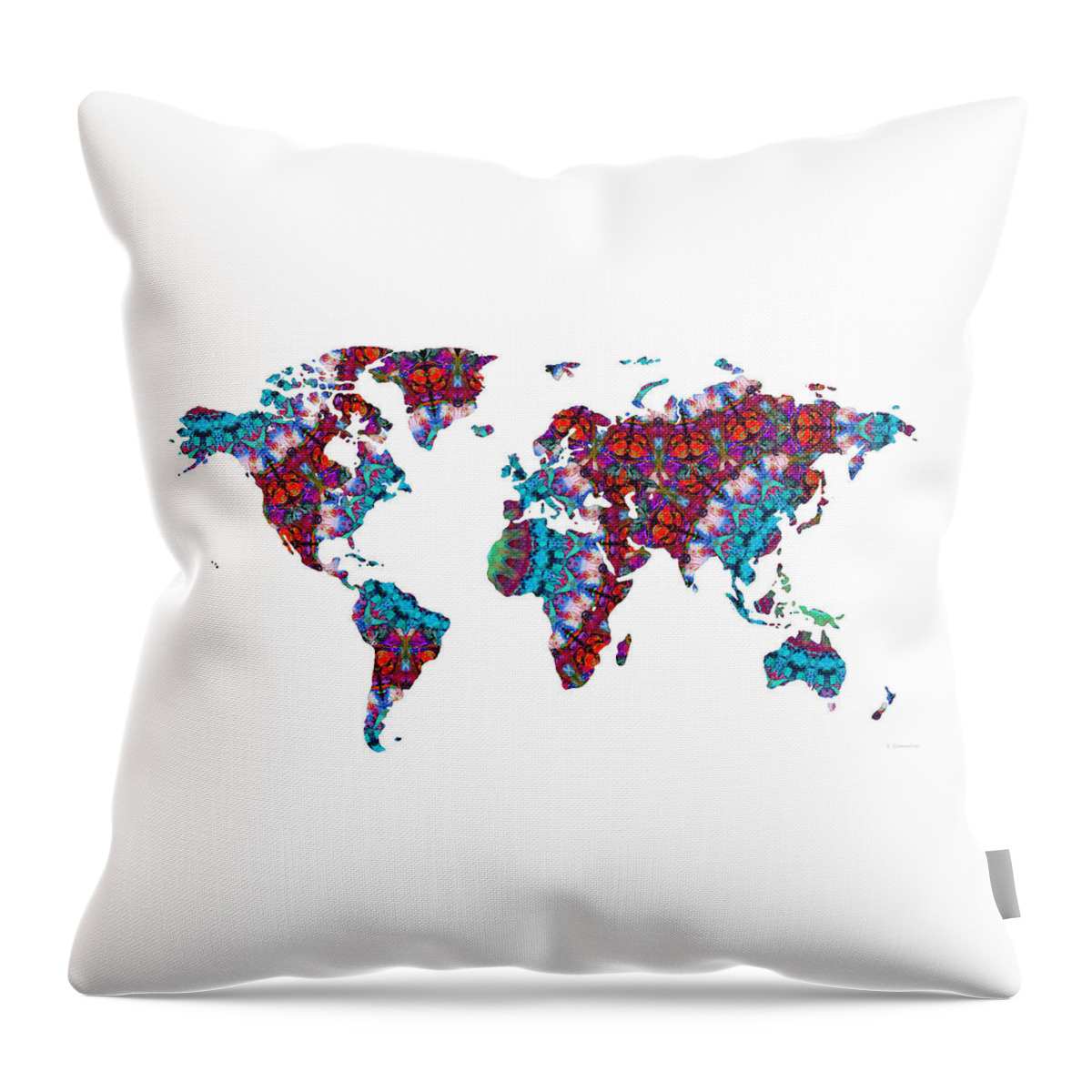 World Map Throw Pillow featuring the painting Colorful Map Of The World 35 - Mandala Art - Sharon Cummings by Sharon Cummings