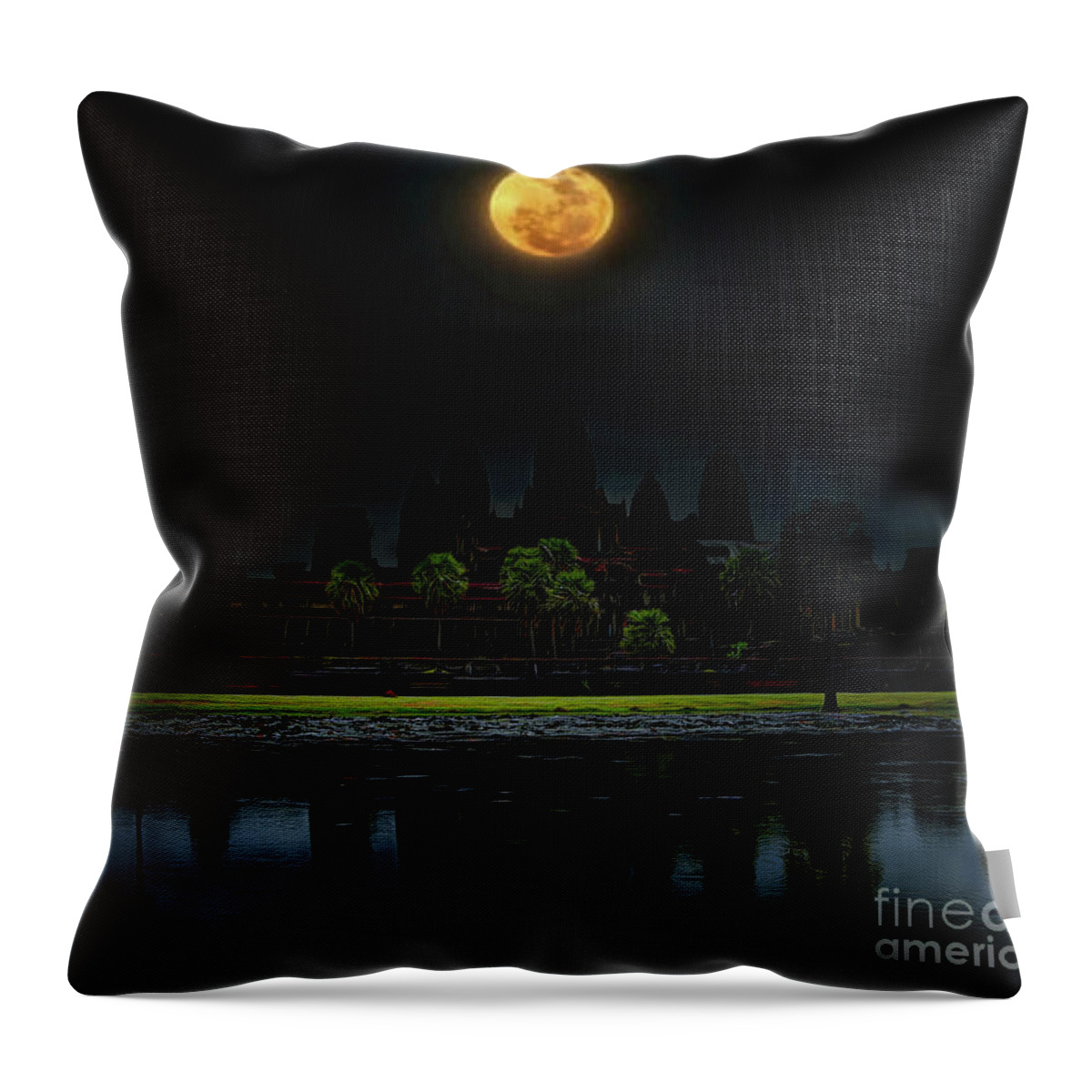 Angkor Wat Throw Pillow featuring the photograph Colorful Moon over 12th Century Panorama Angkor Wat Cambodia by Chuck Kuhn