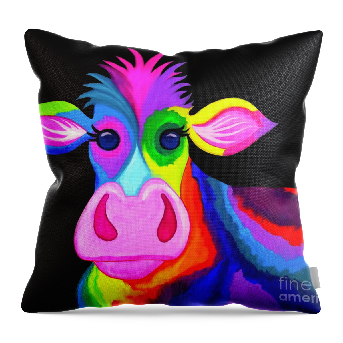 Cow Throw Pillow featuring the painting Colorful Rainbow Cow by Nick Gustafson