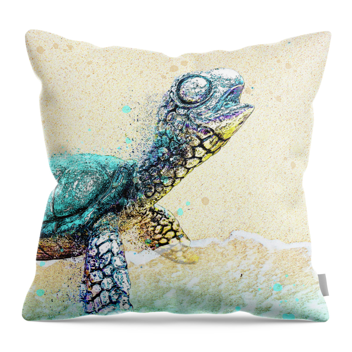 Sea Turtle On Beach Throw Pillow featuring the digital art Colorful Sea Turtle on the Shore by Pamela Williams