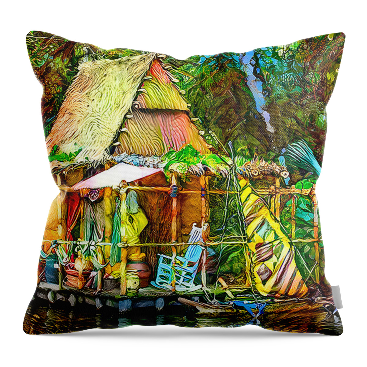 Cabin Throw Pillow featuring the mixed media Colorful Tropical Cabin by Debra Kewley