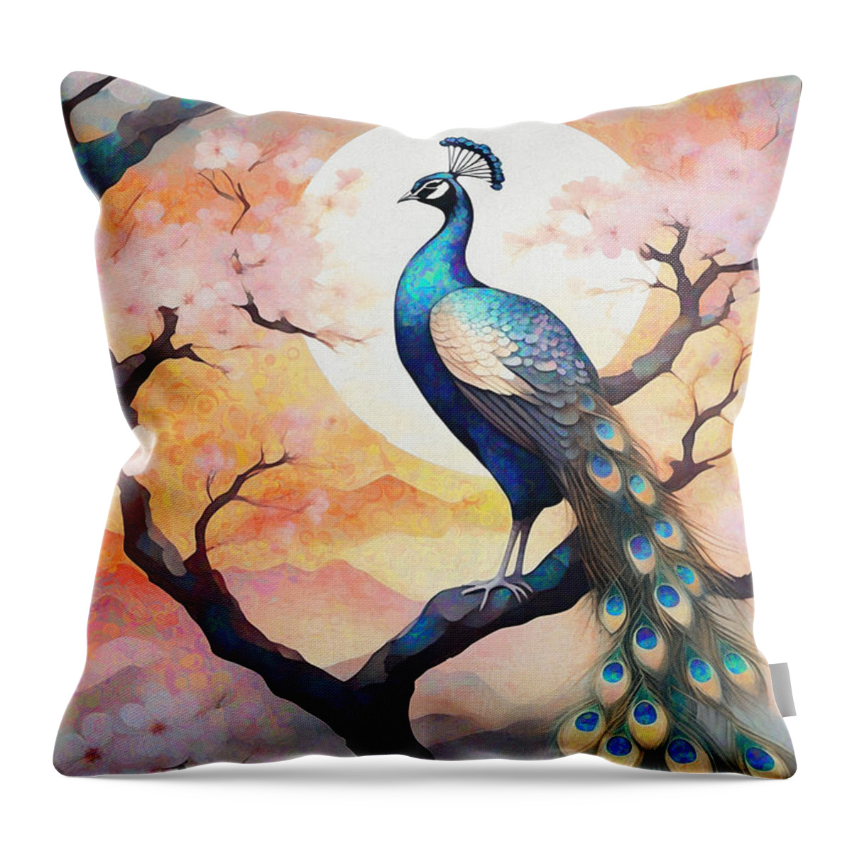 Abstract Throw Pillow featuring the digital art Colourful Peacock Abstract - 02734 by Philip Preston