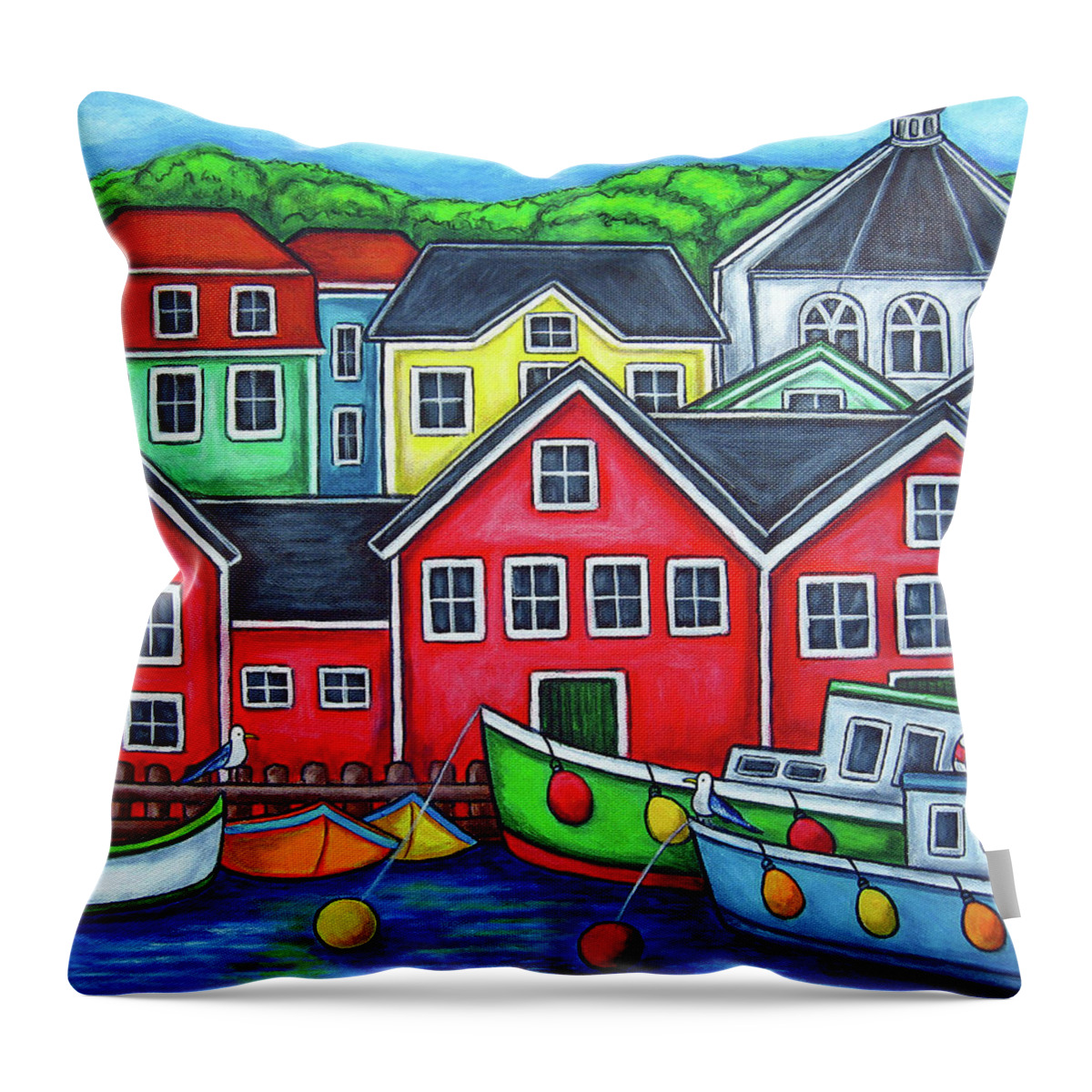 Nova Scotia Throw Pillow featuring the painting Colours of Lunenburg by Lisa Lorenz