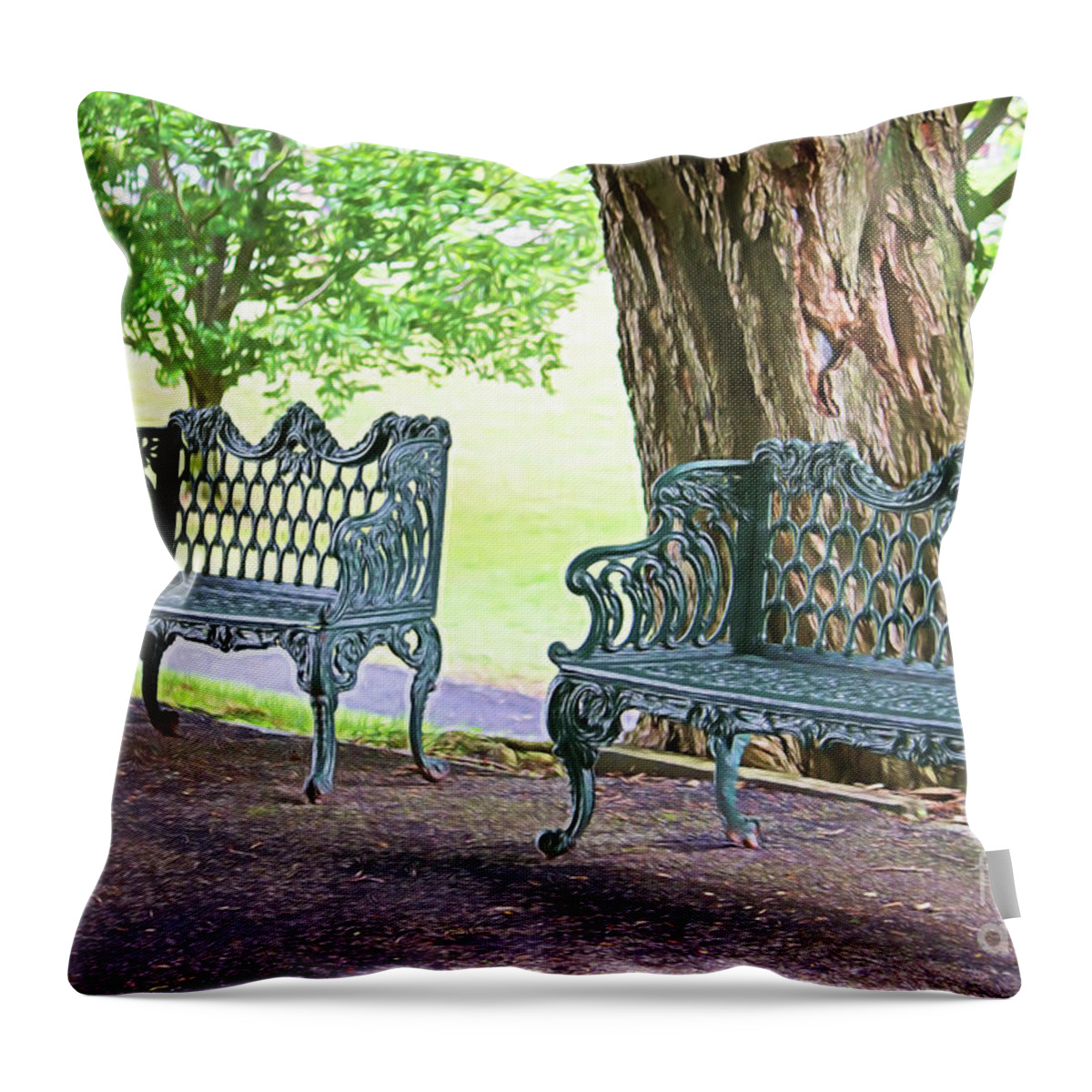 Benches Throw Pillow featuring the photograph Come and Sit Benches by Roberta Byram