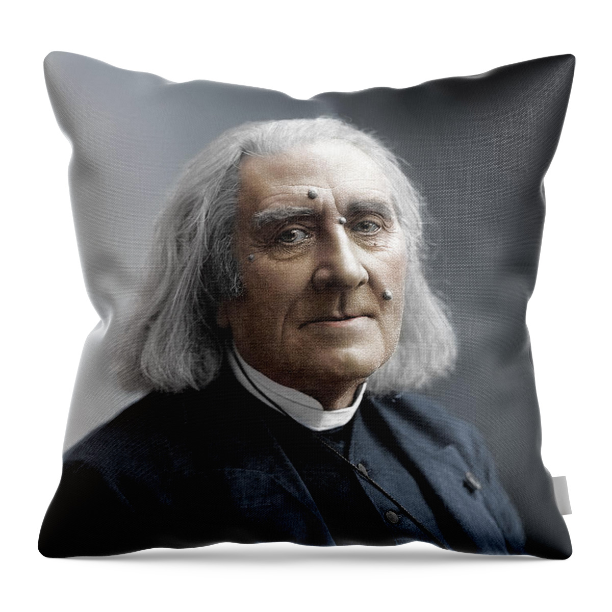 Liszt Throw Pillow featuring the photograph Composer Franz Liszt Portrait - 1886 - Colorized by War Is Hell Store