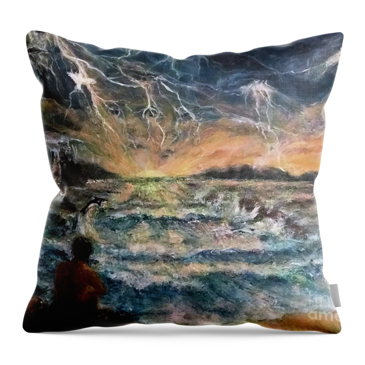 Lighting Storm Throw Pillow featuring the painting Contemplation of the Storm by Bonnie Marie