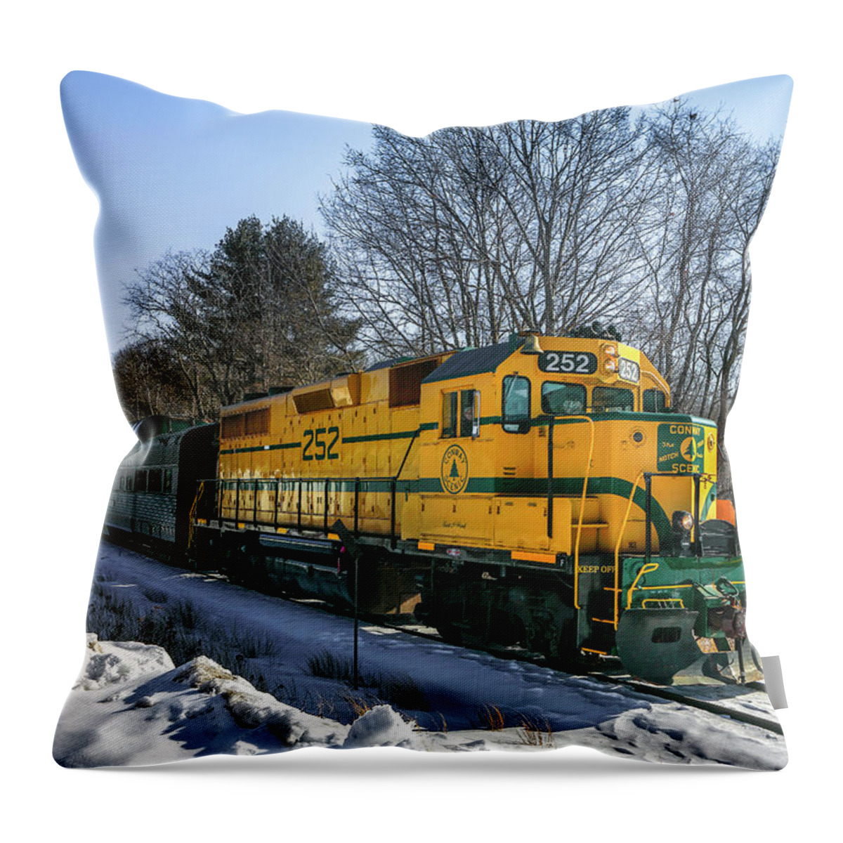 Conway Scenic Railroad Throw Pillow featuring the photograph Conway Scenic Railroad in North Conway Winter Trainride by Juergen Roth