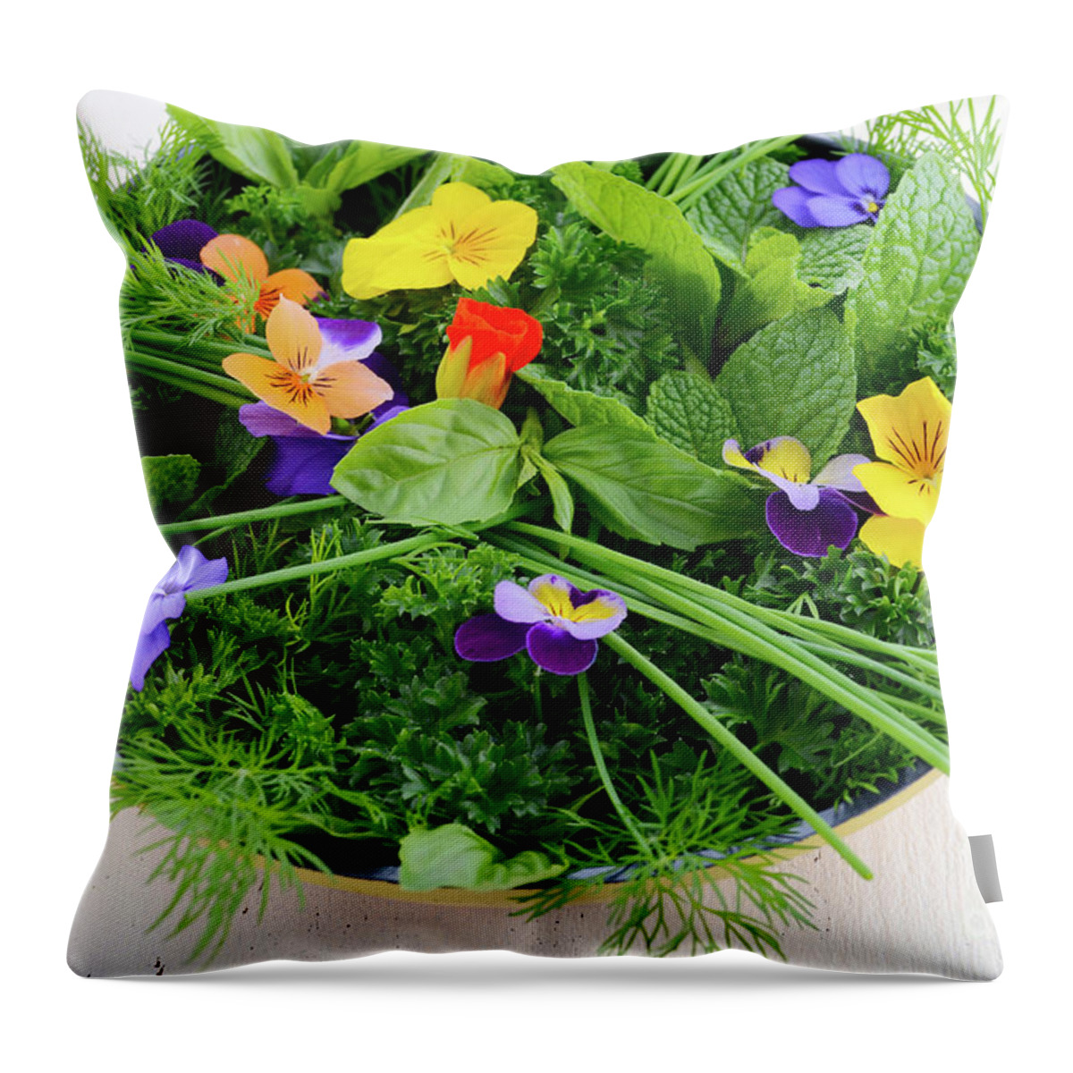 Afternoon Tea Throw Pillow featuring the photograph Cooking with Herbs Concept. by Milleflore Images
