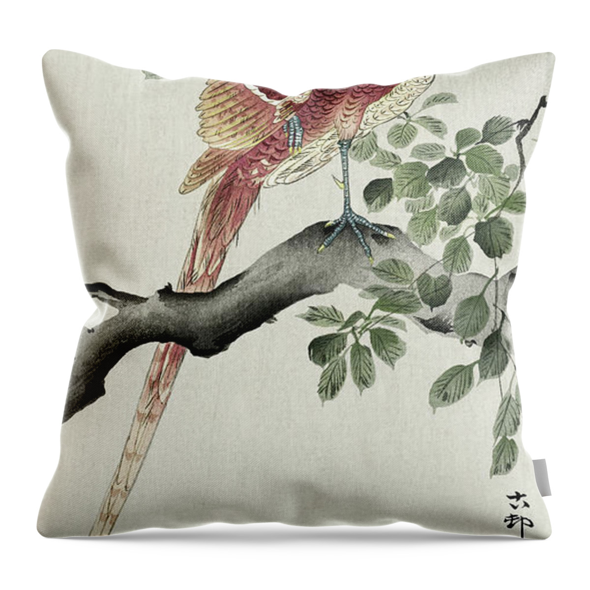 Bird Throw Pillow featuring the painting Copper pheasant by Ohara Koson
