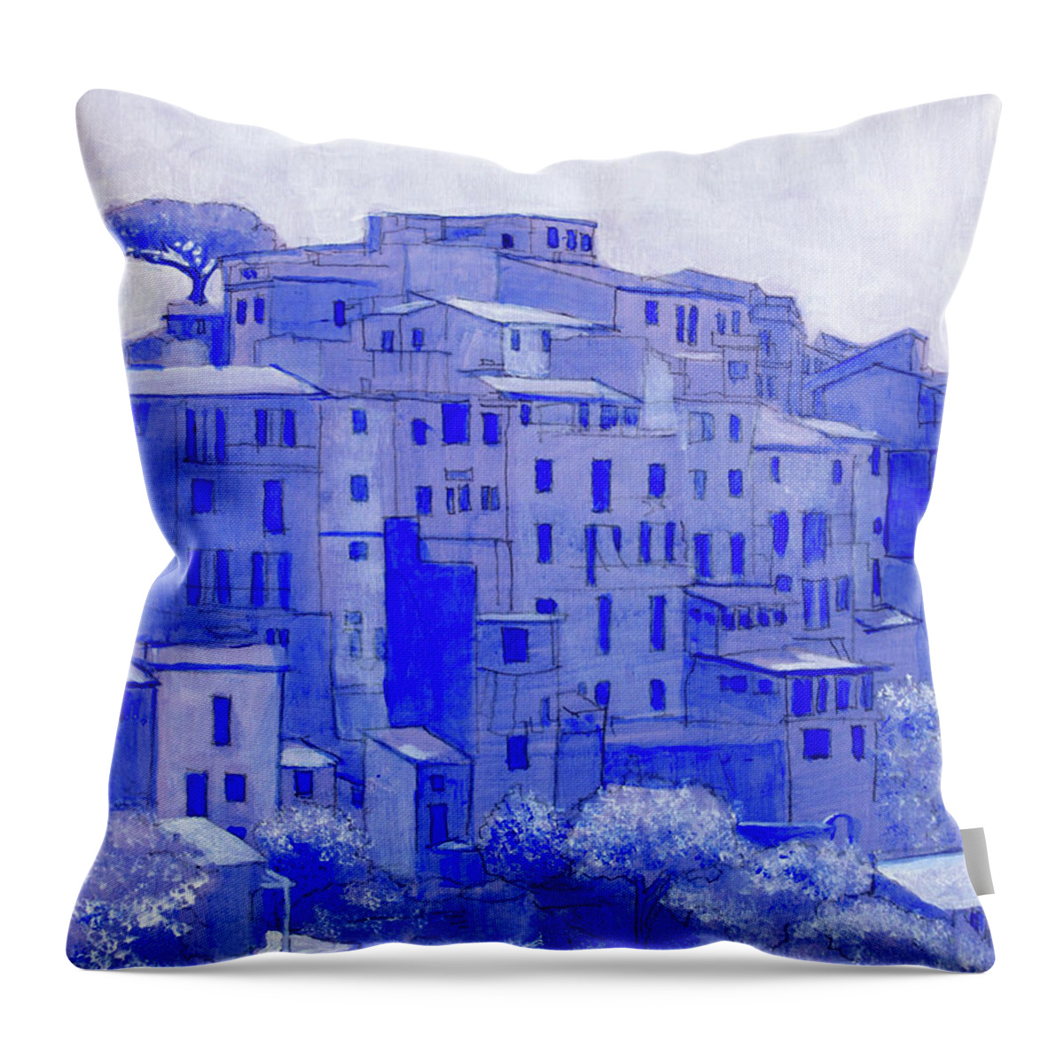 Apartments In Italy Throw Pillow featuring the drawing Corniglia della Cinque Terre by David Zimmerman