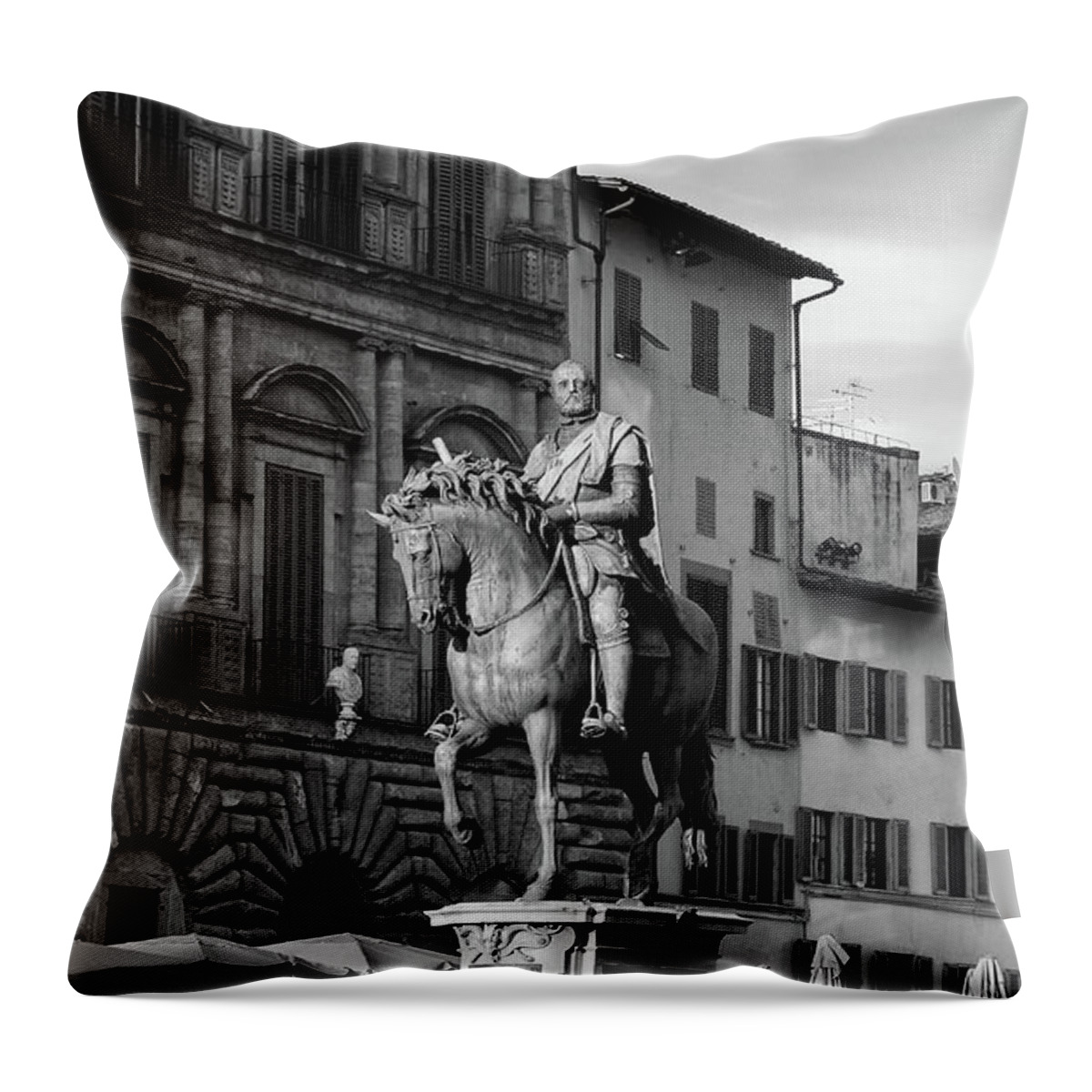 Florence Throw Pillow featuring the photograph Cosimo I Bronze Equestrian Monument Piazza Della Signoria Florence Italy Black and White by Shawn O'Brien