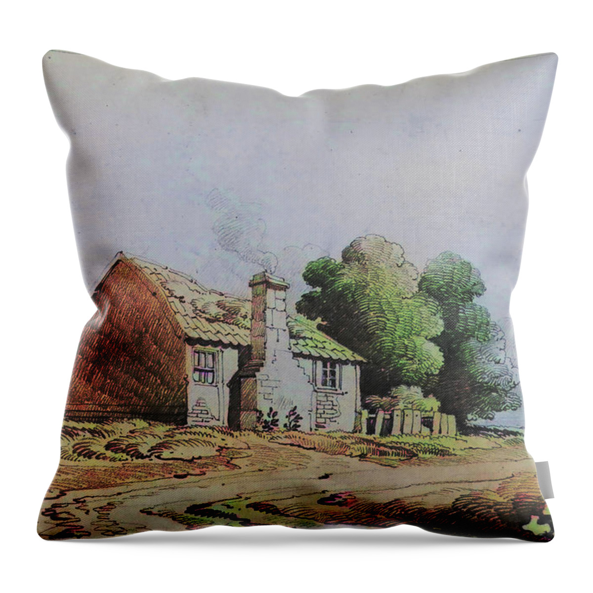 Cottage Throw Pillow featuring the drawing Cottage Beside Path by John Varley