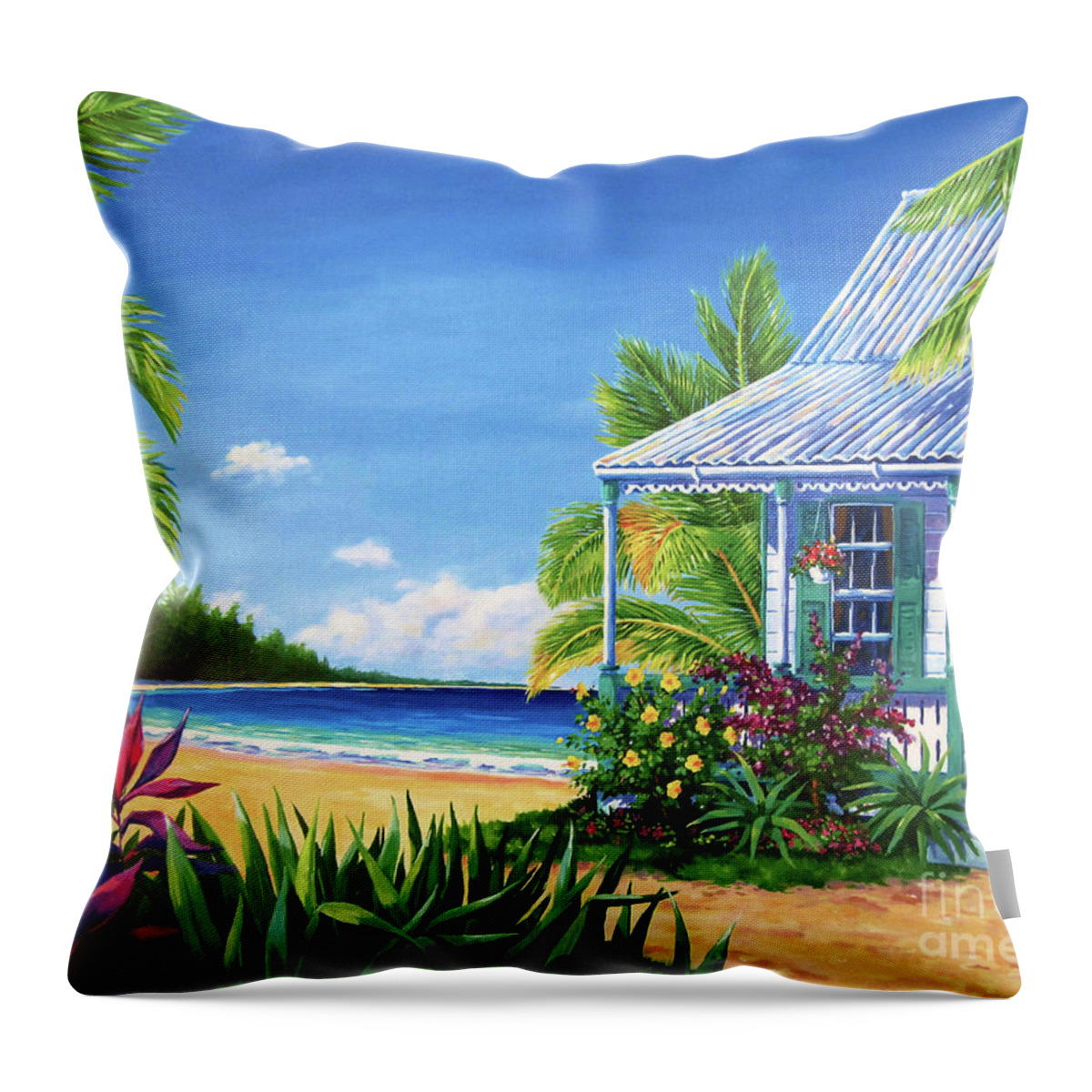 Cottage Throw Pillow featuring the painting Cottage on the Beach 17x23 by John Clark