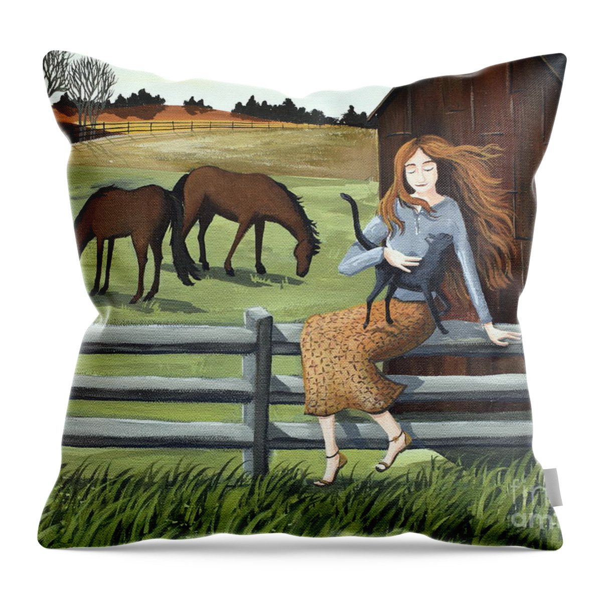 Country Throw Pillow featuring the painting Country Girl farm horse cat by Debbie Criswell