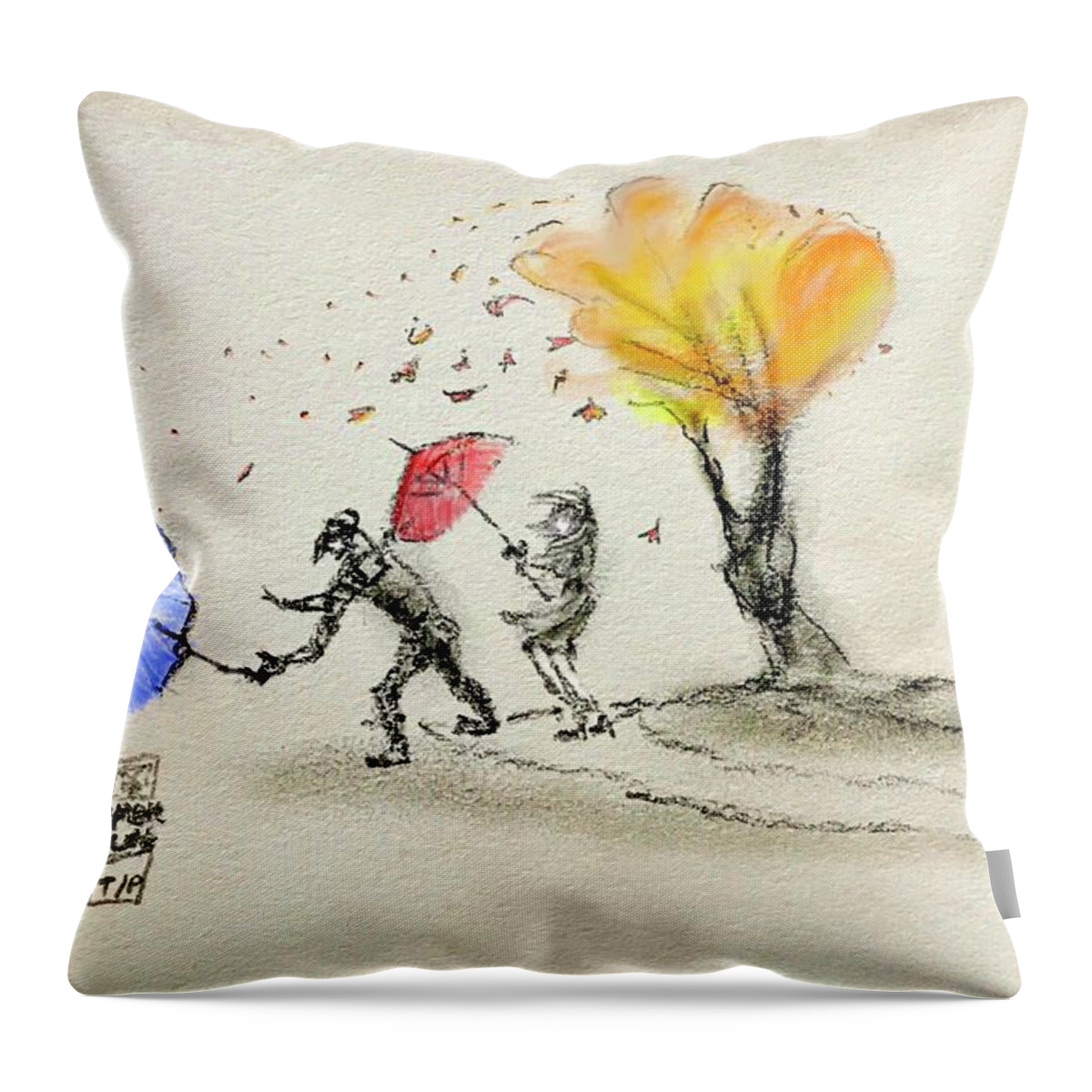 Sketch Throw Pillow featuring the photograph Couple in Leaf Rain by Micky Roberts