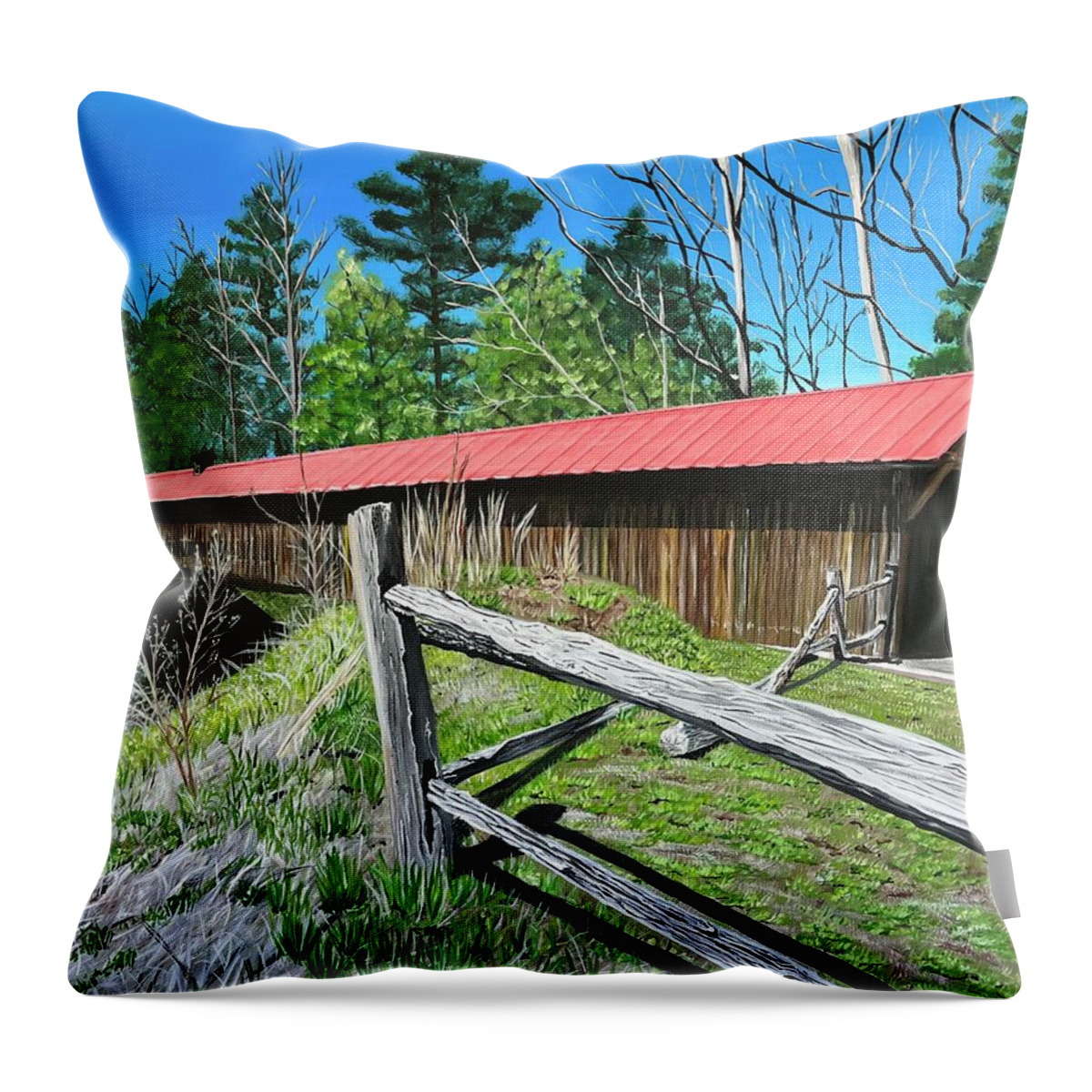 Covered Bridge Throw Pillow featuring the painting Covered Bridge #2 by Boots Quimby
