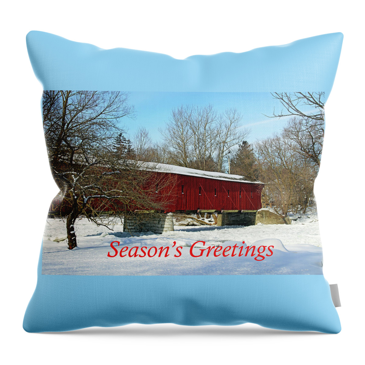 West Montrose Covered Bridge Throw Pillow featuring the photograph Covered Bridge Season's Greetings by Debbie Oppermann