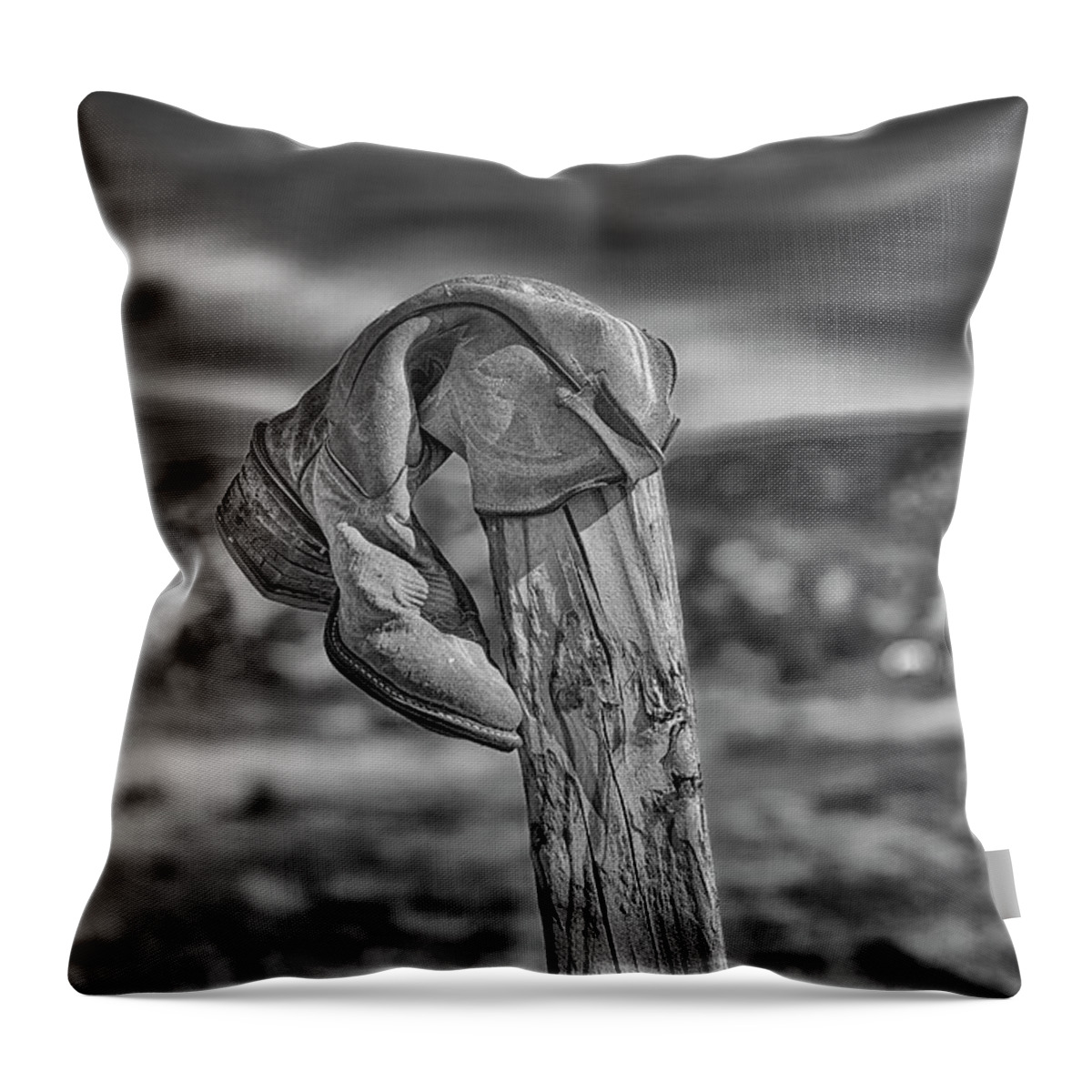 Cowboy Boot Throw Pillow featuring the photograph Cowboy Boot - On the Fence by Susan Rissi Tregoning