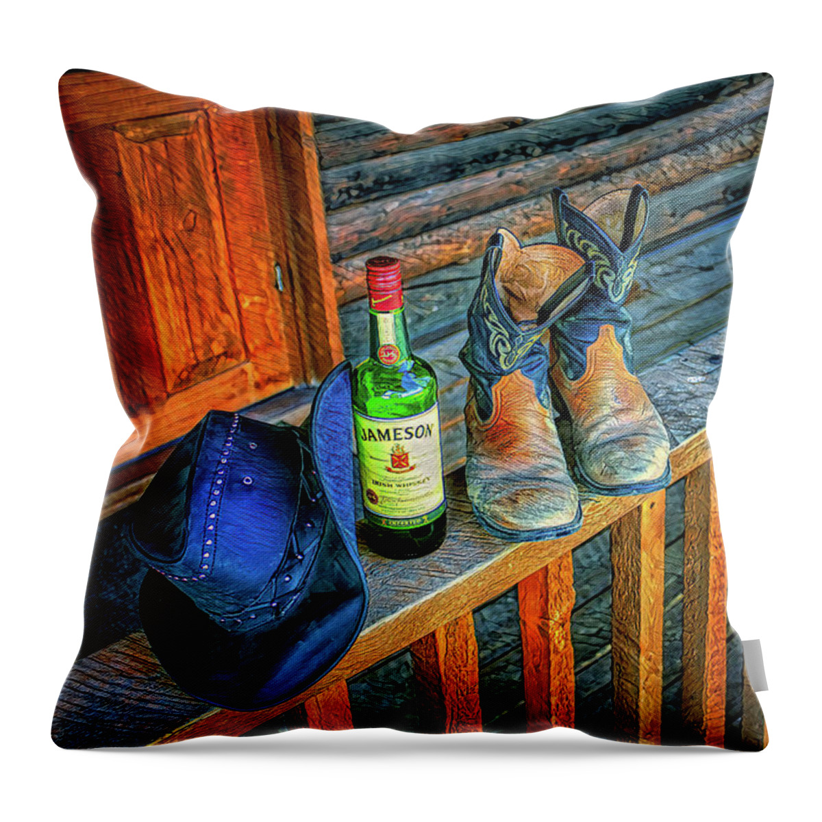 Cowboy Throw Pillow featuring the mixed media Cowboy Relaxation Artistry by DB Hayes