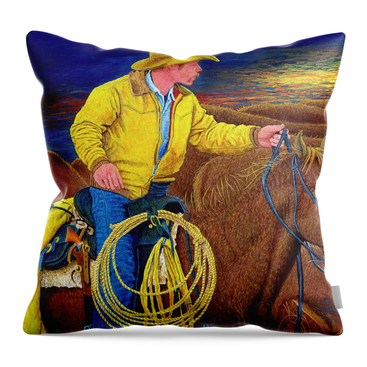 Florida Cracker Cowboy Throw Pillow featuring the painting Cowboy Sunrise by David Joyner