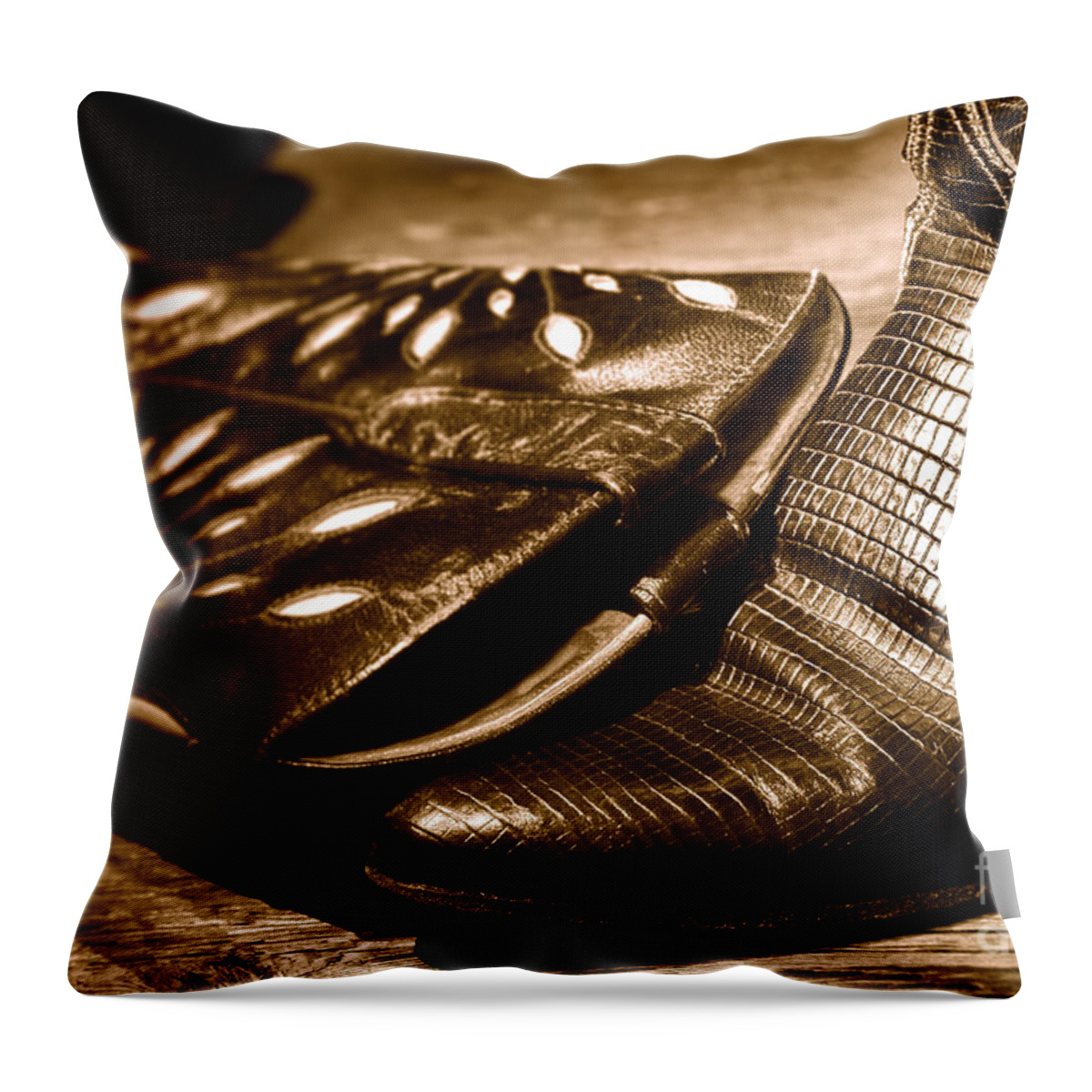 Boots Throw Pillow featuring the photograph Cowgirl Gator Boots - Sepia by Olivier Le Queinec