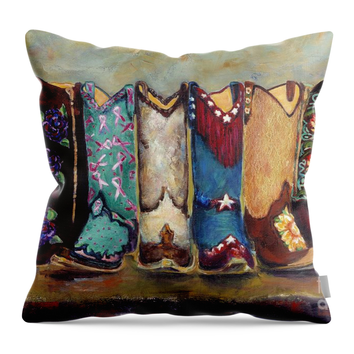 Cowgirls Throw Pillow featuring the painting Cowgirls Kickin the Blues by Frances Marino