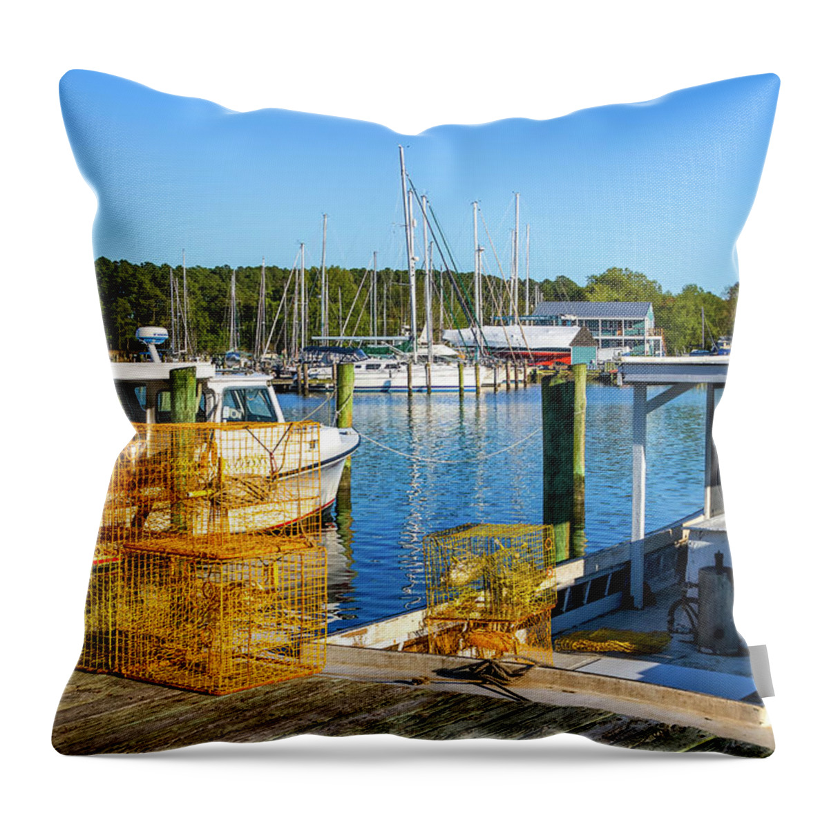 Crab Boats In Rock Hall Harbor Throw Pillow featuring the photograph Crab Boats in Rock Hall Harbor by Carolyn Derstine