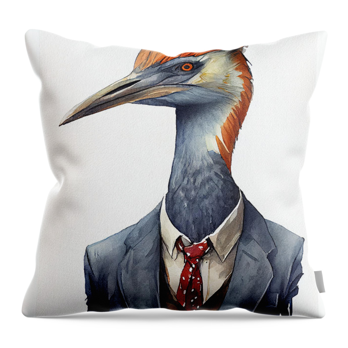 Crane Throw Pillow featuring the painting Crane in Suit Watercolor Hipster Animal Retro Costume by Jeff Creation