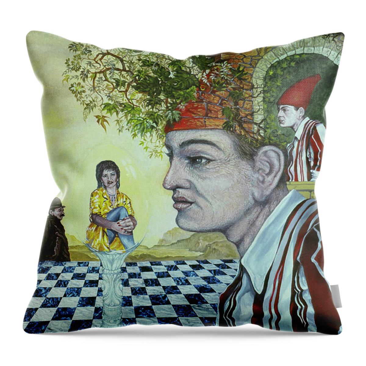 Art Of The Mystic Throw Pillow featuring the painting Crazy Queen B Surrounded By Unrelated Relatives by Otto Rapp