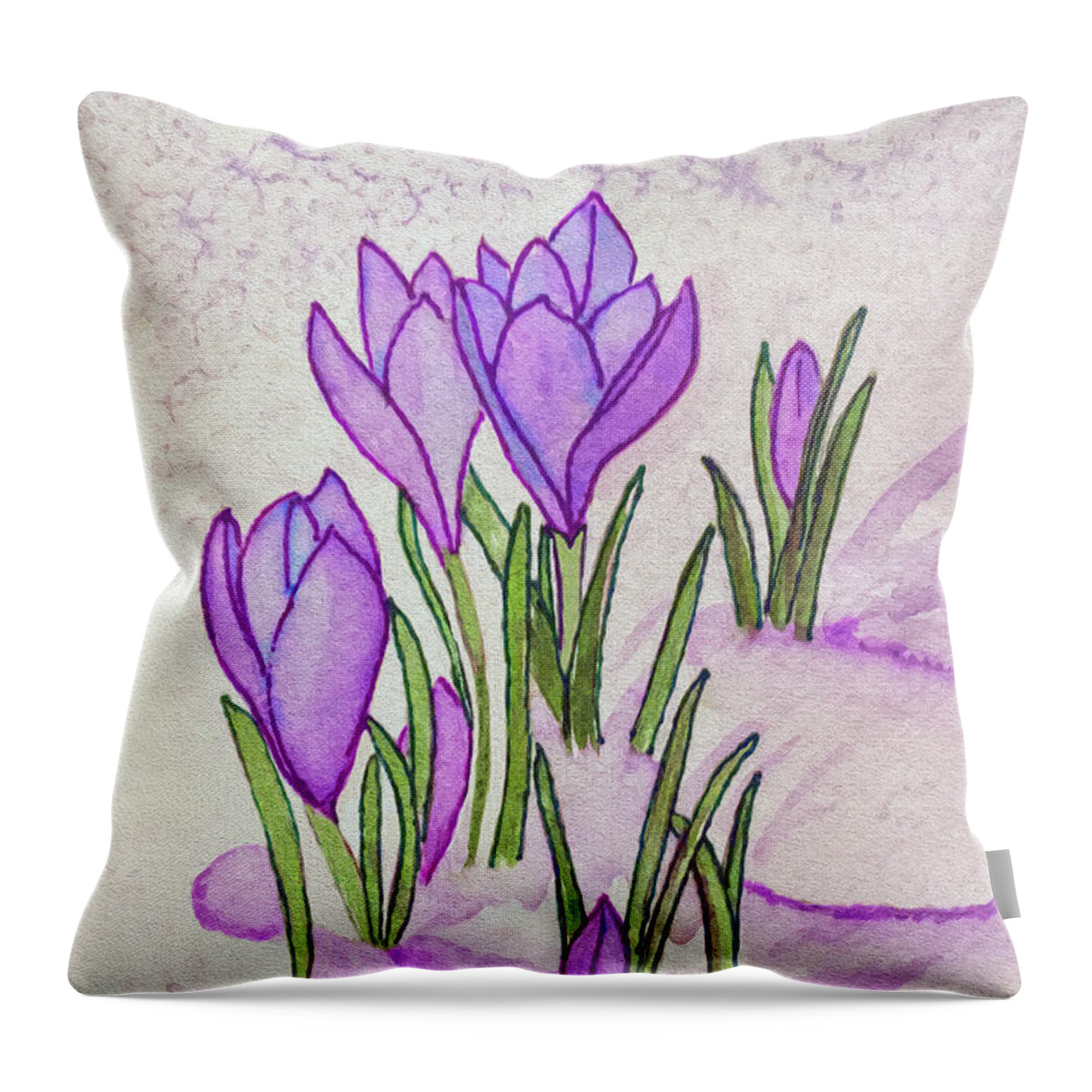 Crocus Throw Pillow featuring the painting Crocus In The Snow by Deborah League