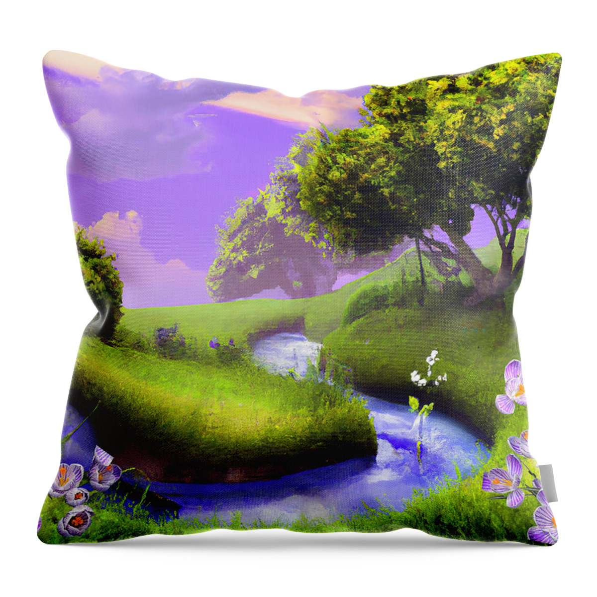 Ai_artificial Intelligence Creation Throw Pillow featuring the mixed media Crocuses in Fantasy Land by Renette Coachman