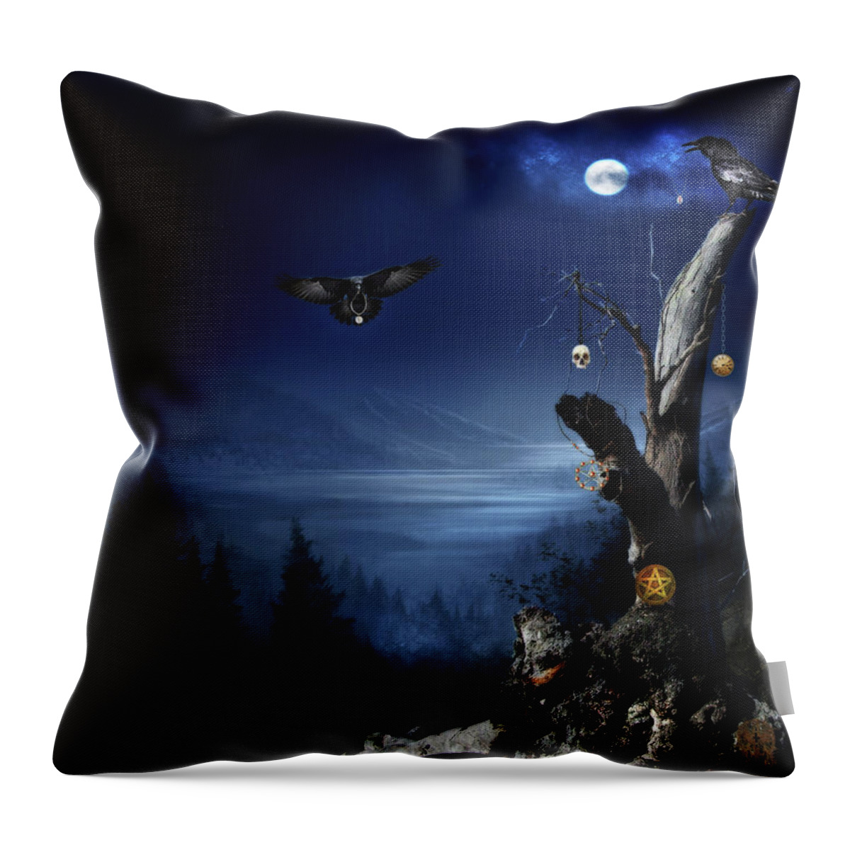 Crows Throw Pillow featuring the mixed media Crow Booty by Jim Hatch