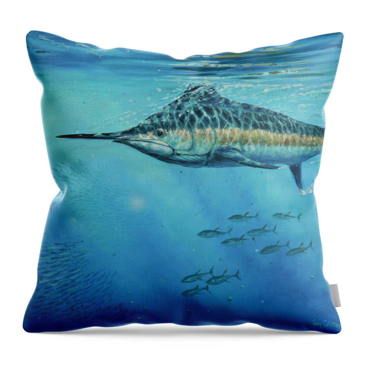 Blue Marlin Paintings Throw Pillow featuring the painting Cruise Missle by Guy Crittenden