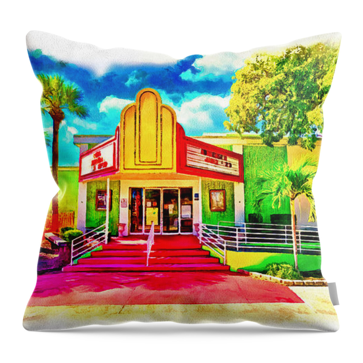 Theater Throw Pillow featuring the digital art Cultural Park Theater in Cape Coral - watercolor painting by Nicko Prints