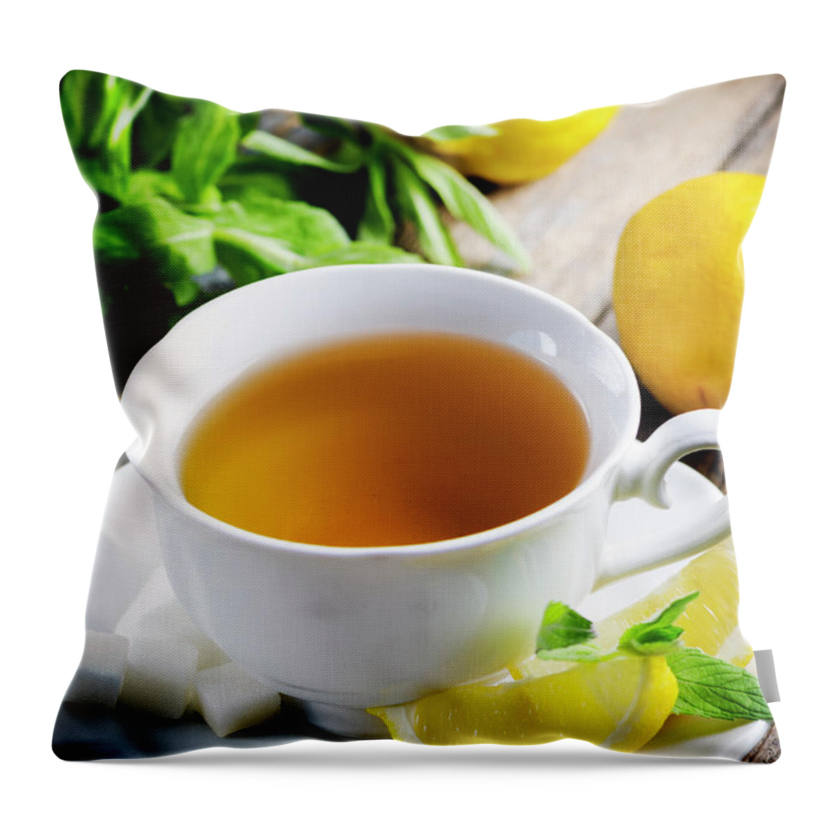 Tea Throw Pillow featuring the photograph Cup of Tea with lemon slices by Jelena Jovanovic