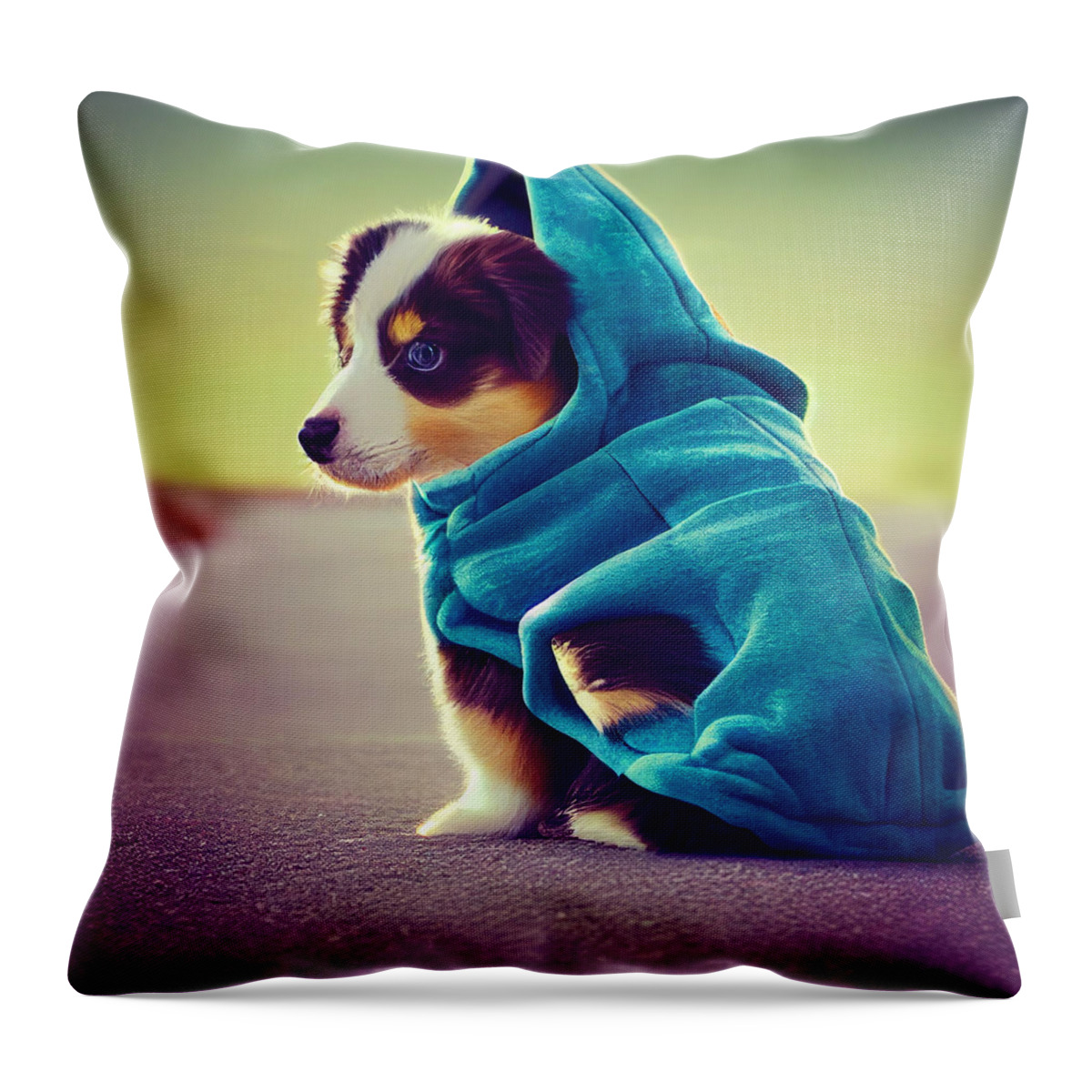 Design Throw Pillow featuring the painting Cute Australian Shepard Puppy In A Shark Hoodie A416441c C1a2 4b6f A676 C816c474f6de by MotionAge Designs