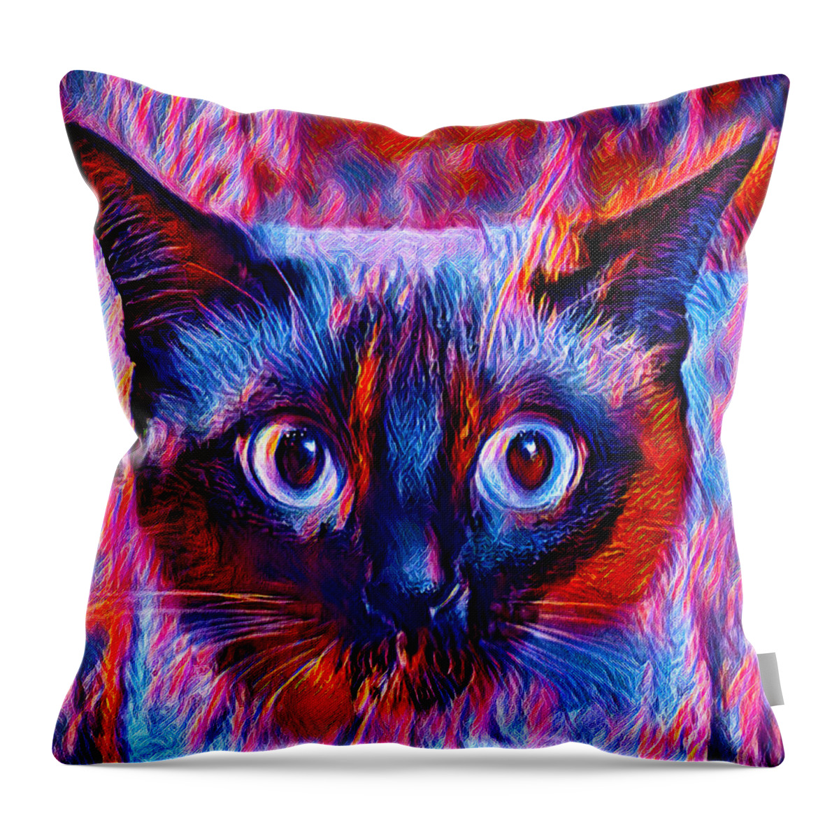 Siamese Cat Throw Pillow featuring the digital art Cute Siamese cat head in blue and violet - digital painting by Nicko Prints