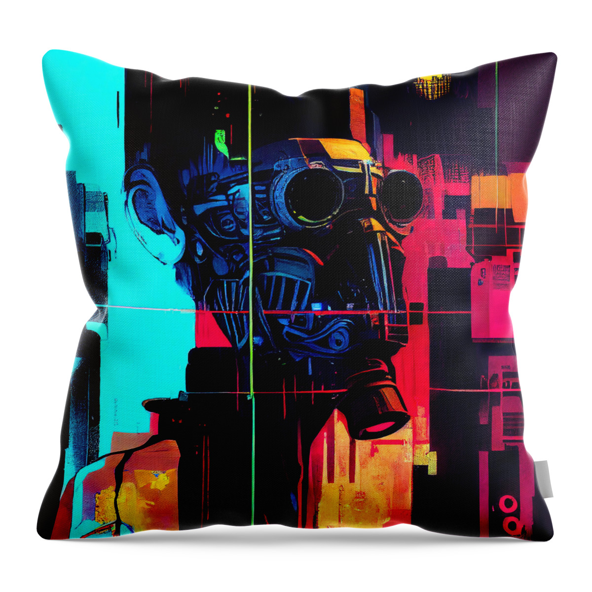 Robot Throw Pillow featuring the painting Cyberpunk Society, 02 by AM FineArtPrints