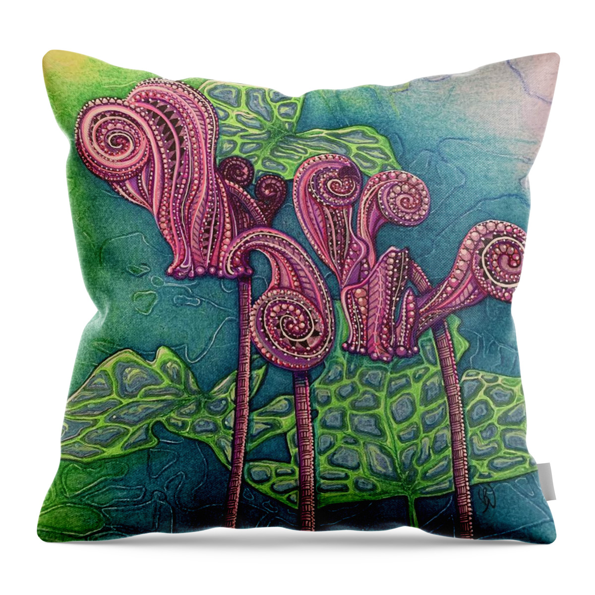 Cyclamen Throw Pillow featuring the mixed media Cyclamen by Brenna Woods